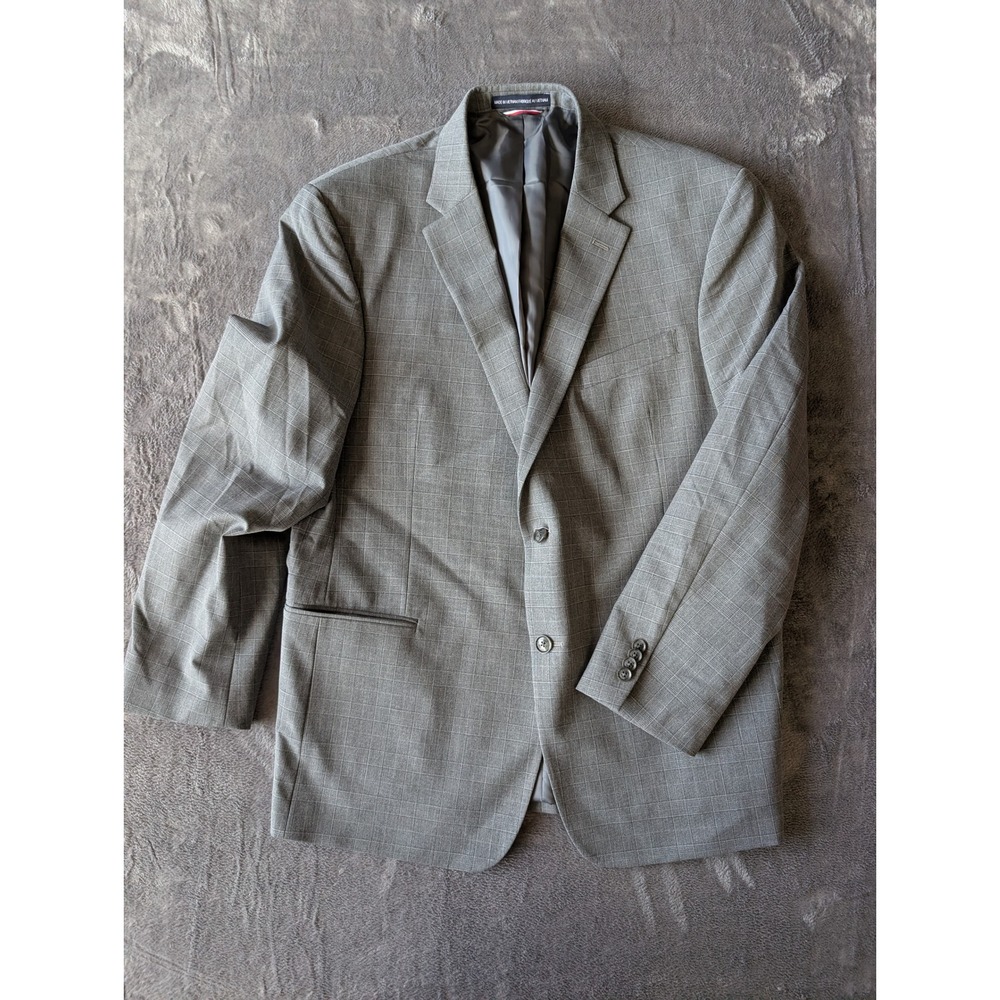 Tommy Hilfiger Mens Grey Plaid Two Button Blazer Jacket 44R Stretch Tailored